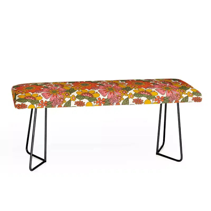 Panca Retro con Stampa Artistica Primaverile, Similpelle, Gambe in Acciaio, Arancione/Rosa/Nero