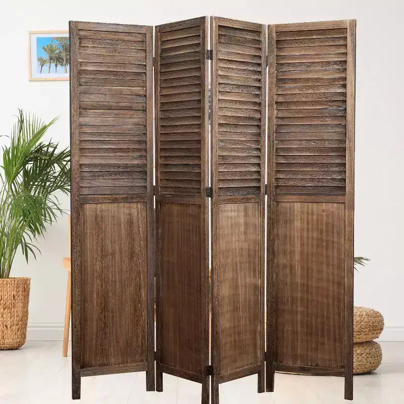 Divisorio a 4 pannelli con persiane, Legno di paulownia, Stile rustico, Marrone