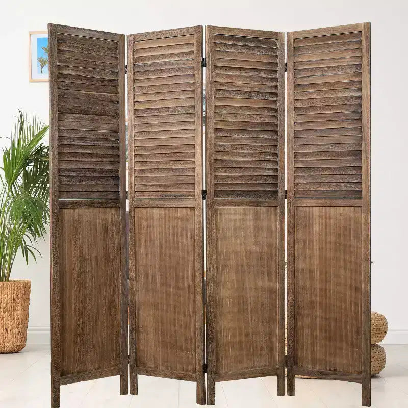 Divisorio a 4 pannelli con persiane, Legno di paulownia, Stile rustico, Marrone