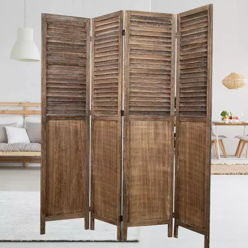Divisorio a 4 pannelli con persiane, Legno di paulownia, Stile rustico, Marrone
