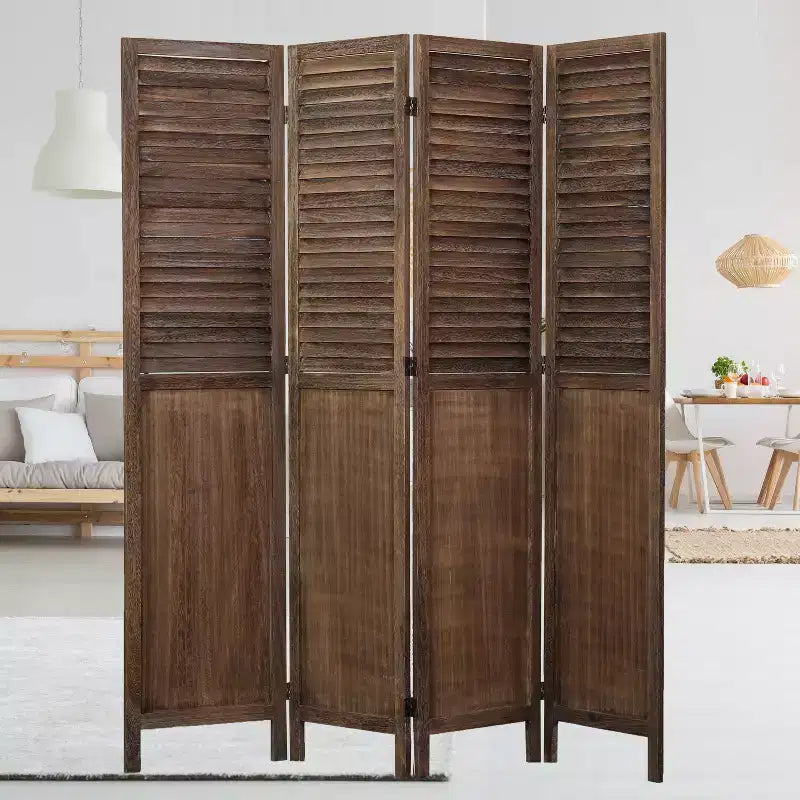 Divisorio a 4 pannelli con persiane, Legno di paulownia, Stile rustico, Marrone