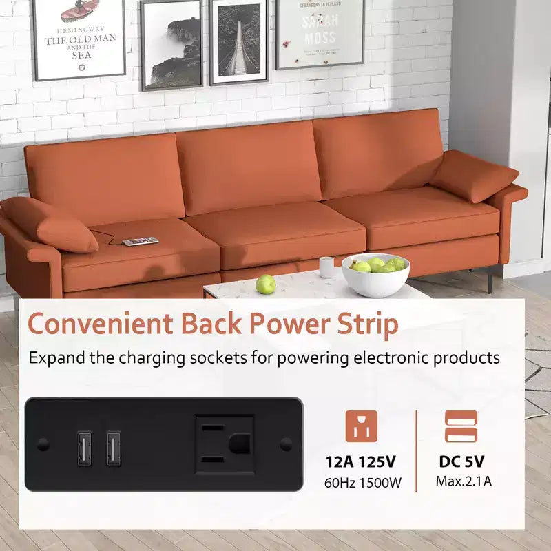 Divano Modulare a 3 Posti in Tessuto con Porte USB, Presa e Gambe in Metallo, Rosso/Verde