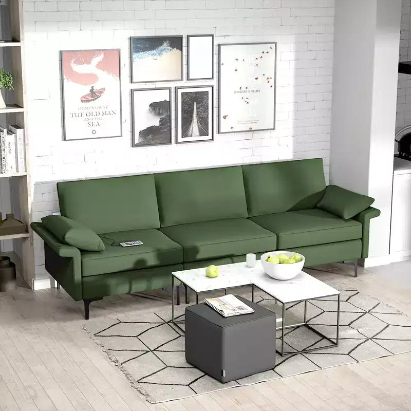 Divano Modulare a 3 Posti in Tessuto con Porte USB, Presa e Gambe in Metallo, Rosso/Verde