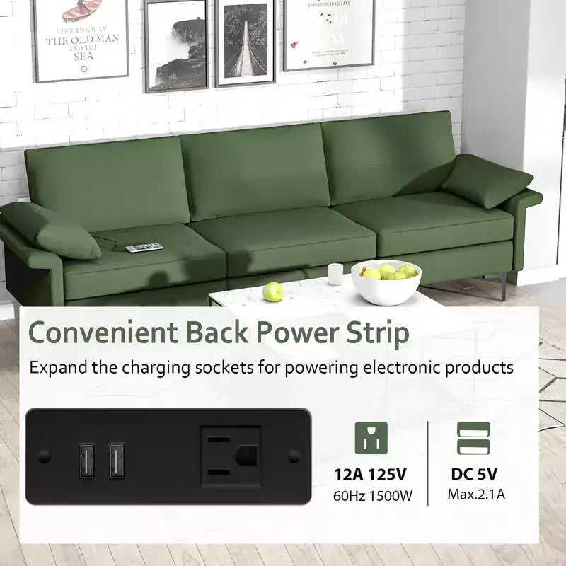 Divano Modulare a 3 Posti in Tessuto con Porte USB, Presa e Gambe in Metallo, Rosso/Verde