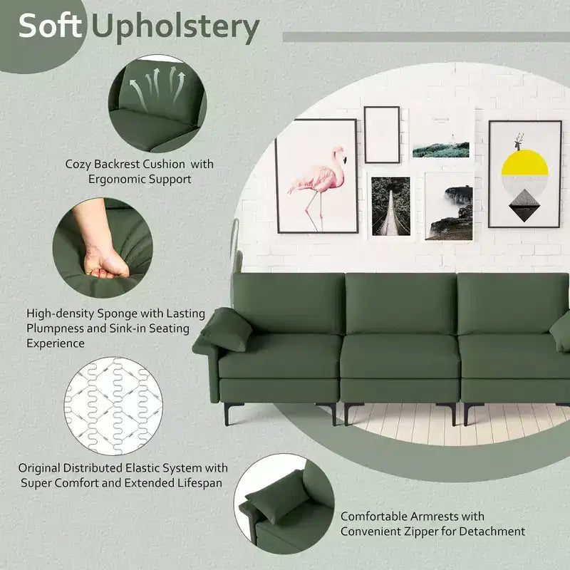 Divano Modulare a 3 Posti in Tessuto con Porte USB, Presa e Gambe in Metallo, Rosso/Verde
