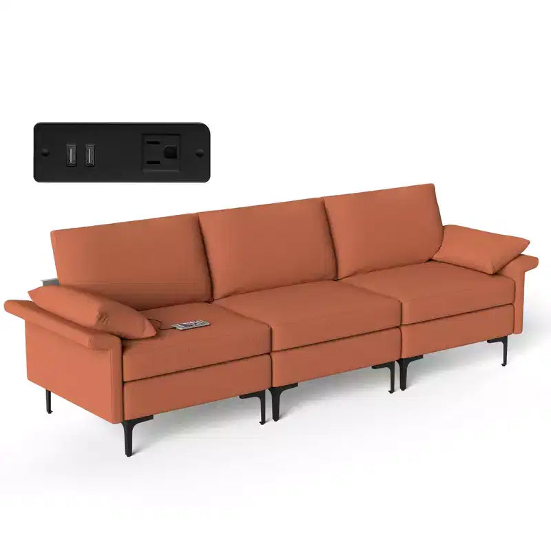 Divano Modulare a 3 Posti in Tessuto con Porte USB, Presa e Gambe in Metallo, Rosso/Verde