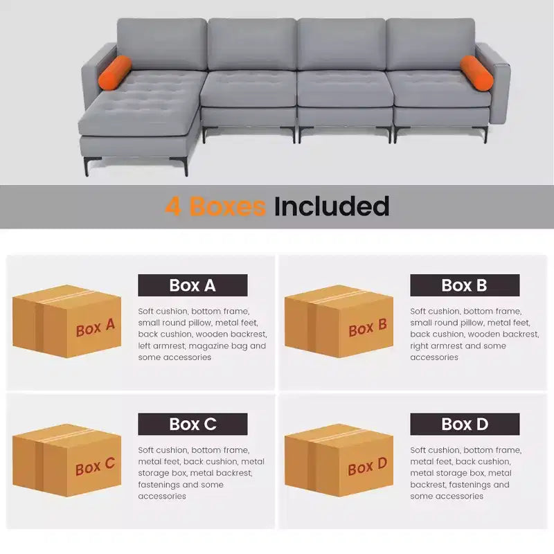 Divano componibile a L, chaise longue reversibile, 4 porte USB, grigio cenere