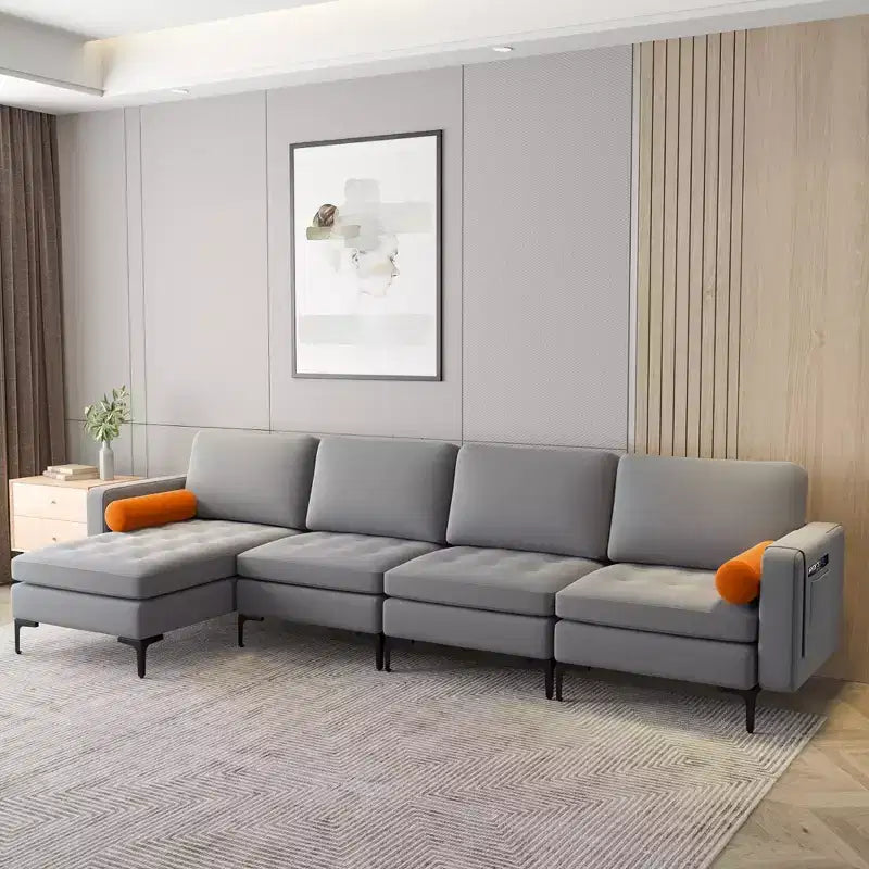 Divano componibile a L, chaise longue reversibile, 4 porte USB, grigio cenere