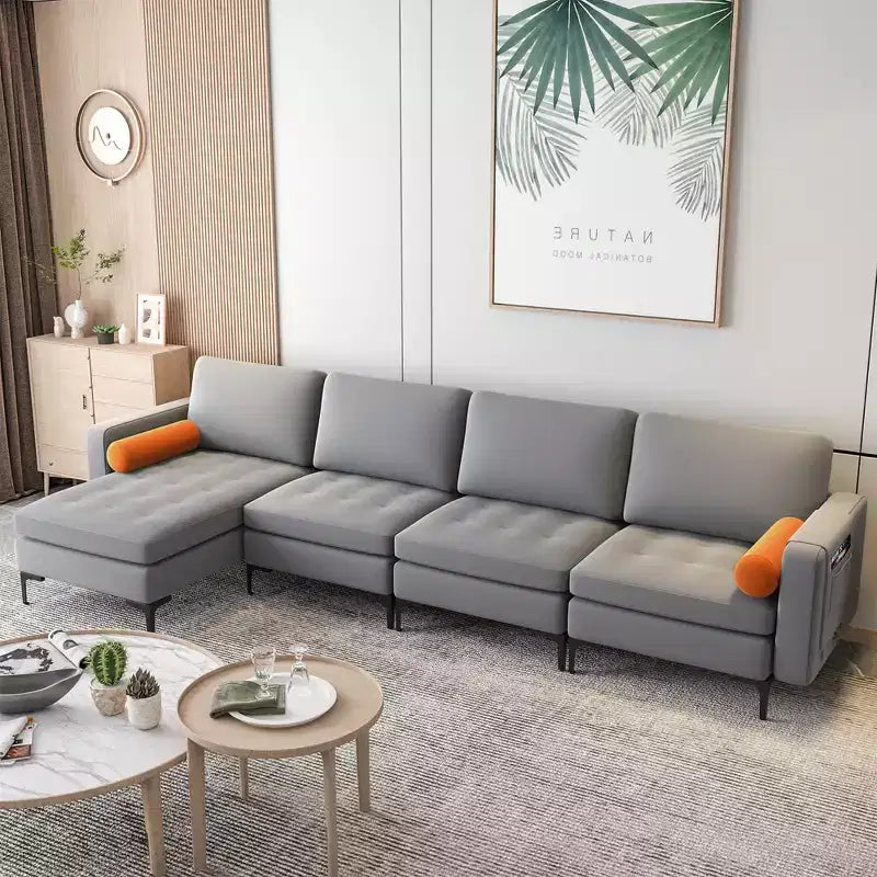 Divano componibile a L, chaise longue reversibile, 4 porte USB, grigio cenere