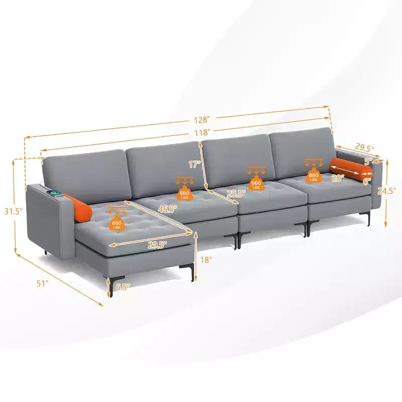 Divano componibile a L, chaise longue reversibile, 4 porte USB, grigio cenere