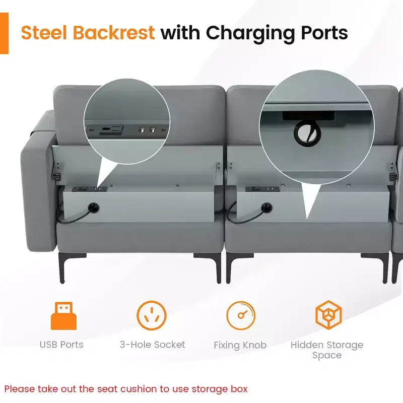 Divano componibile a L, chaise longue reversibile, 4 porte USB, grigio cenere