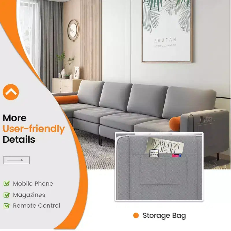 Divano componibile a L, chaise longue reversibile, 4 porte USB, grigio cenere