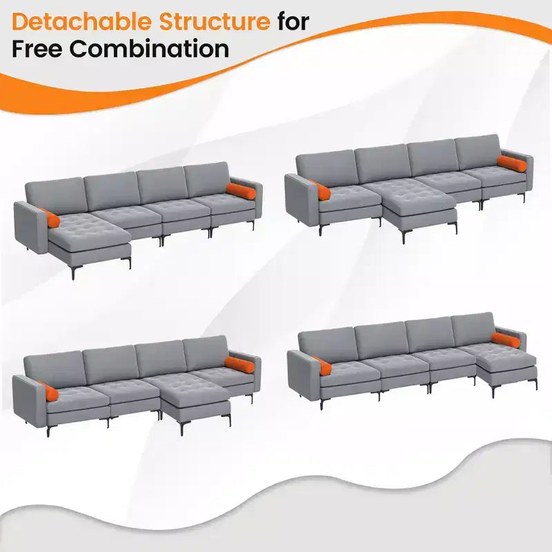 Divano componibile a L, chaise longue reversibile, 4 porte USB, grigio cenere