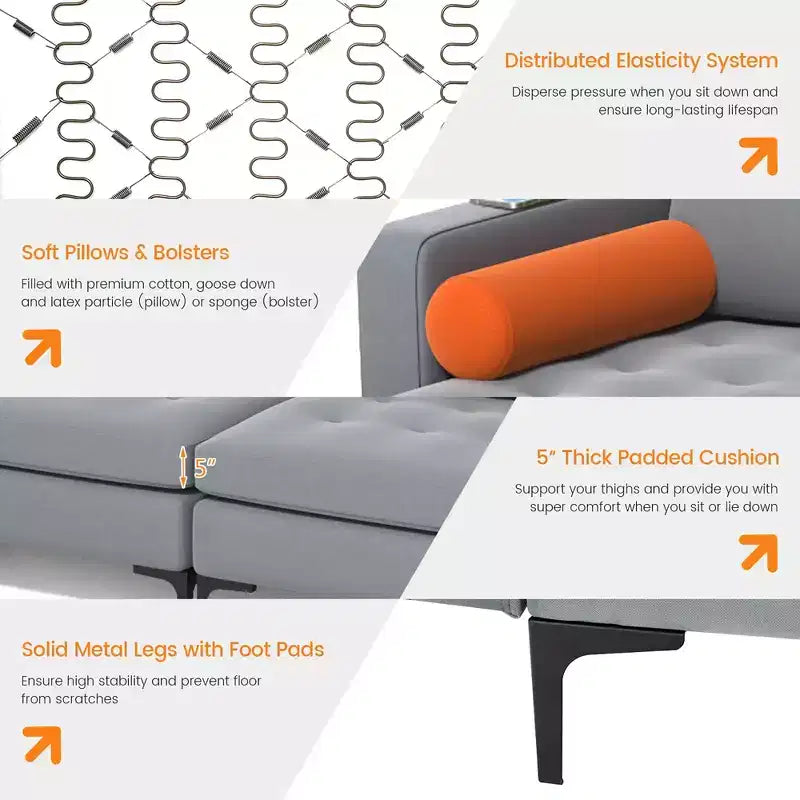 Divano componibile a L, chaise longue reversibile, 4 porte USB, grigio cenere